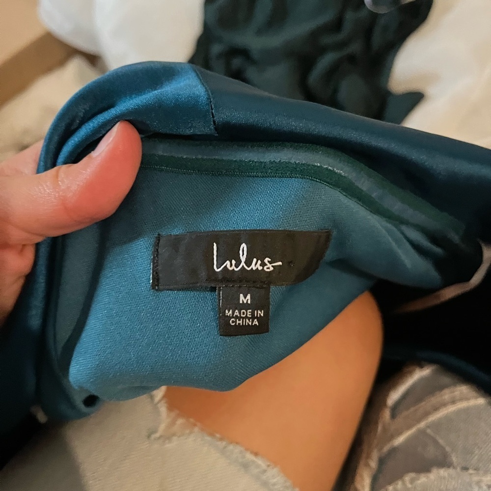 Lulus Luxurious Vision Teal Satin Off-the-Shoulder Mini
Dress - Picture 7 of 7